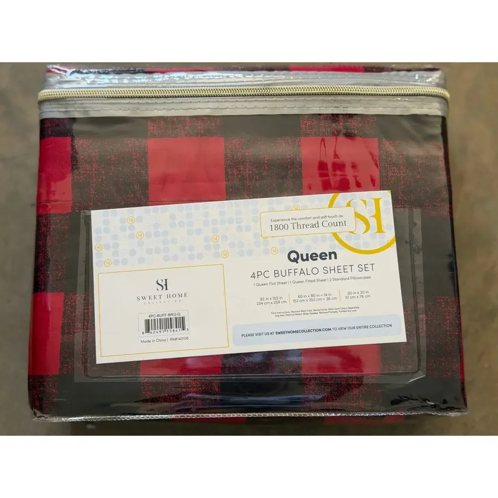 NEW! Sweet Home Collection Classic Buffalo Plaid 4PC Printed Bed Sheet Set Queen